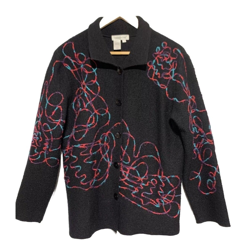 Coldwater Creek Black Button Cardigan Purple Blue Red Embroidery Size Large